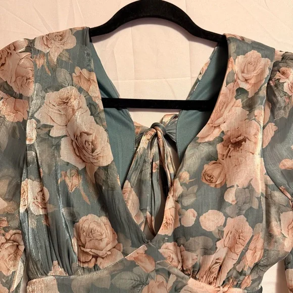 Altar'd State Floral Long Sleeve Dress in Teal and Cream - Picture 3 of 6